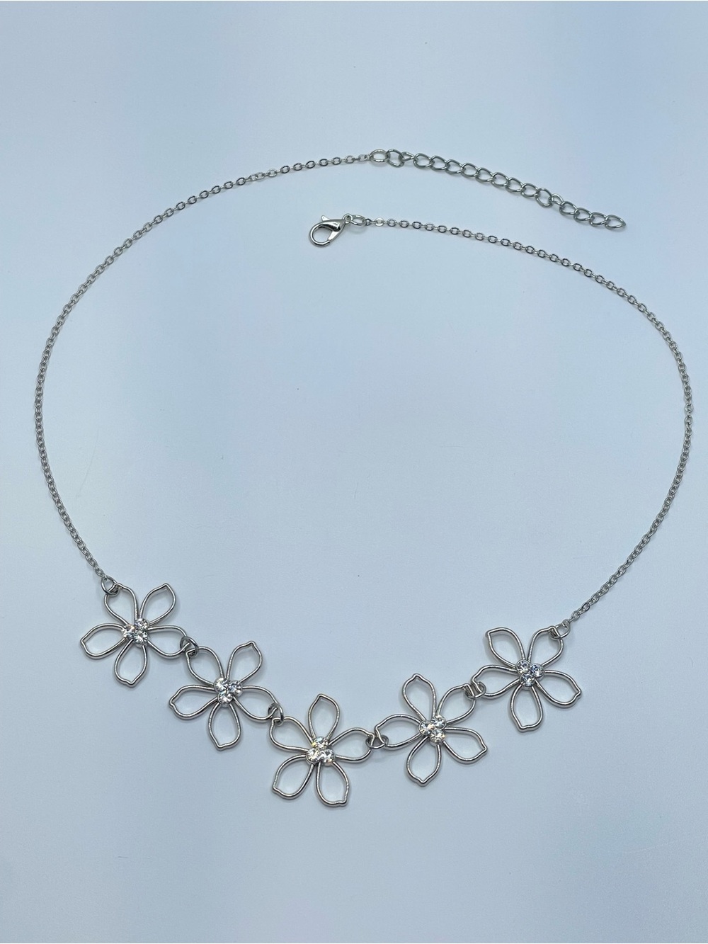 Silver Tone Crystal Flower Necklace Dainty Floral Statement Jewelry
